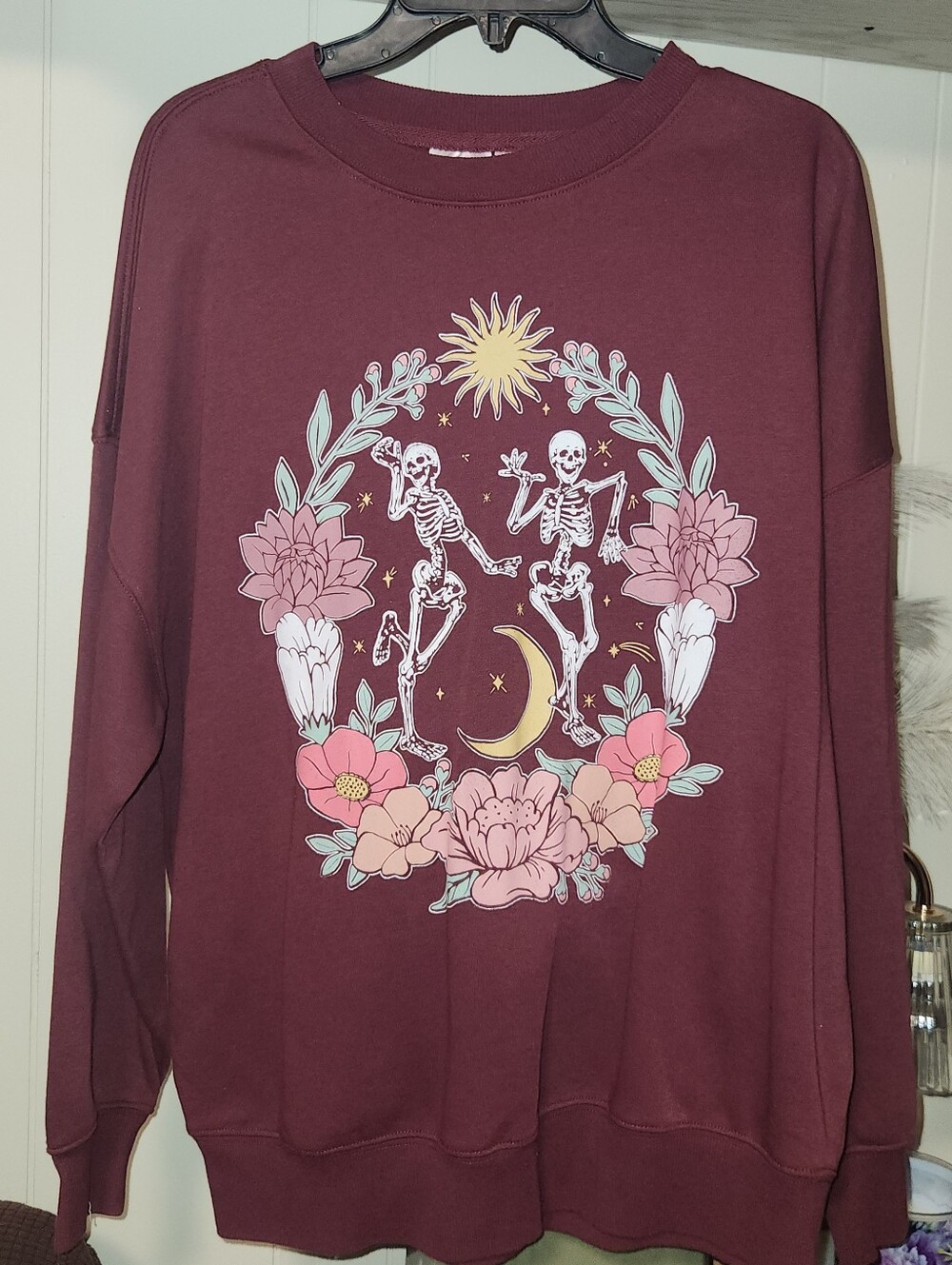 Women’s Maroon Floral Skeleton Graphic Sweatshirt